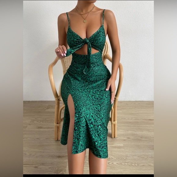 SHEIN VCAY Size L Tie Front Leopard High Split Cami Dress - Picture 2 of 8